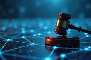 marteau de juge posé sur un écran avec un réseau de connexions