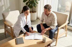 2 personnes assises consultent un document 